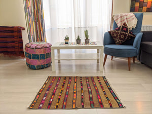 Camel Striped Antique Rug with Geometric Colourful Patterns - Hittite Home