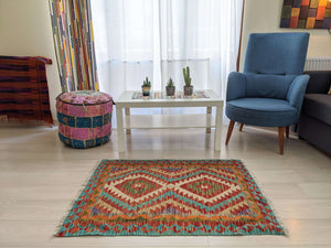 Cotton and Wool Diamond Red and Blue Rug - Hittite Home