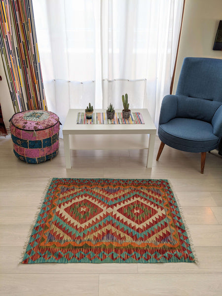 Load image into Gallery viewer, Cotton and Wool Diamond Red and Blue Rug - Hittite Home
