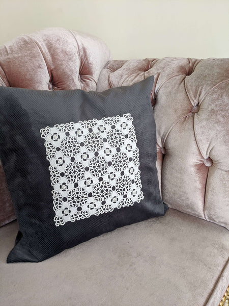 Load image into Gallery viewer, Crochet Lace Grey Cushion Signature Design, Set of 2 - Hittite Home
