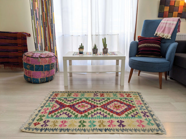 Load image into Gallery viewer, Diamond Purple, Red, Green Cotton &amp; Wool Rug - Hittite Home
