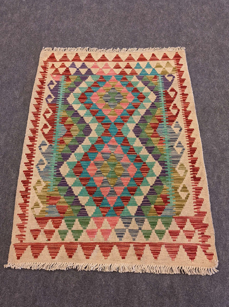 Load image into Gallery viewer, Geometric Kilim Rug Wool on Cotton Blue, Pink, Red - Hittite Home
