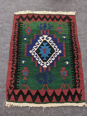 Handwoven Green, Red Antique Wool Rug - Hittite Home