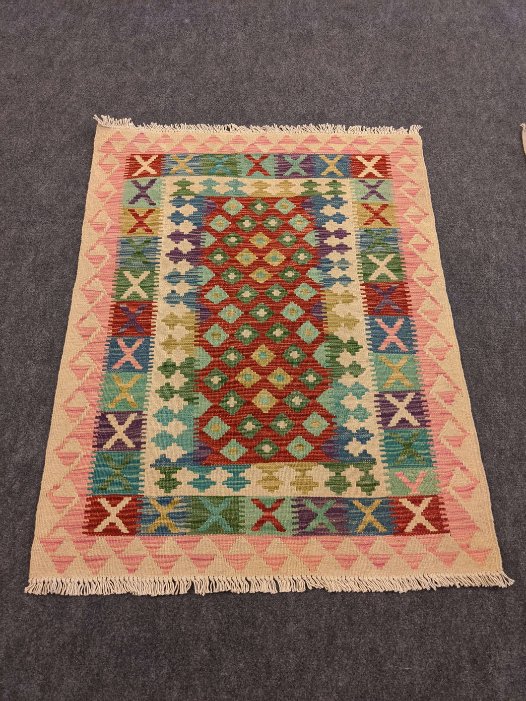 Wool Cotton Rug with Kilim Designs, Pink - Hittite Home